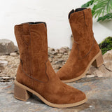 Women's caramel suede western ankle boots with block heel and embroidered stitching, perfect for fall outfits, dresses, jeans, winery weekends, and pumpkin patch adventures.