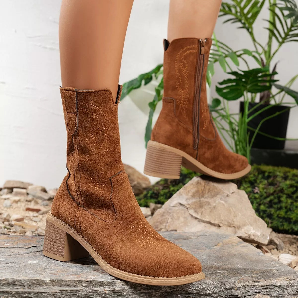Women's caramel suede western ankle boots with block heel and embroidered stitching, perfect for fall outfits, dresses, jeans, winery weekends, and pumpkin patch adventures.