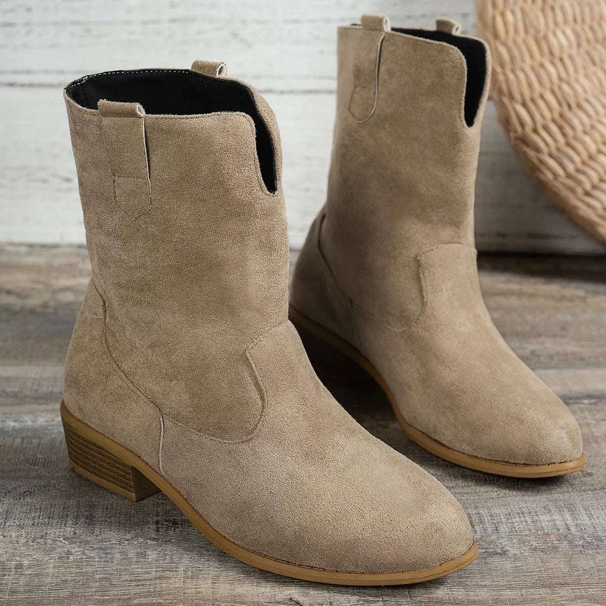 Women's khaki suede western ankle boots with block heel and embroidered stitching, perfect for fall outfits, dresses, jeans, winery weekends, and pumpkin patch adventures.