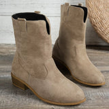 Women's khaki suede western ankle boots with block heel and embroidered stitching, perfect for fall outfits, dresses, jeans, winery weekends, and pumpkin patch adventures.