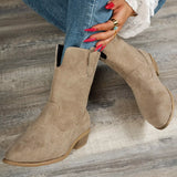 Women's khaki suede western ankle boots with block heel and embroidered stitching, perfect for fall outfits, dresses, jeans, winery weekends, and pumpkin patch adventures.