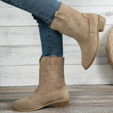 Women's khaki suede western ankle boots with block heel and embroidered stitching, perfect for fall outfits, dresses, jeans, winery weekends, and pumpkin patch adventures.