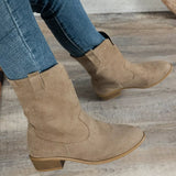 Women's khaki suede western ankle boots with block heel and embroidered stitching, perfect for fall outfits, dresses, jeans, winery weekends, and pumpkin patch adventures.