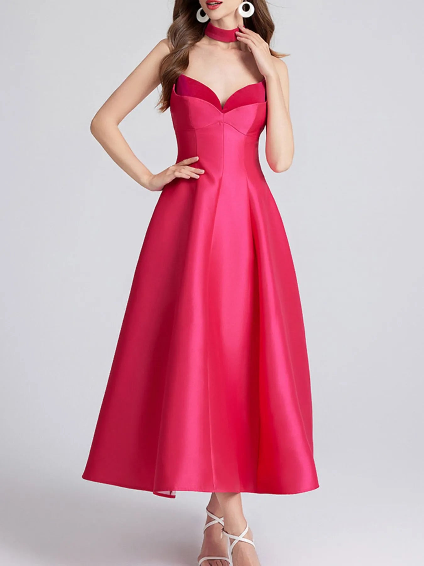 Rose red evening gown on a white background