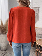 Women’s Swiss Dot Lace Detail Long Sleeve Blouse in deep red with V-neck lace detailing and long sleeves, available in sizes S–2XL.