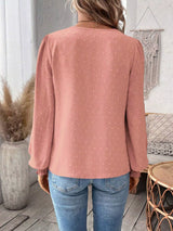 Women’s Swiss Dot Lace Detail Long Sleeve Blouse in dusty pink with V-neck lace detailing and long sleeves, available in sizes S–2XL.