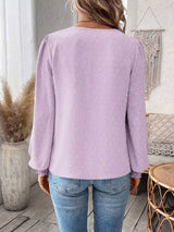 Women’s Swiss Dot Lace Detail Long Sleeve Blouse in pink purple with V-neck lace detailing and long sleeves, available in sizes S–2XL.