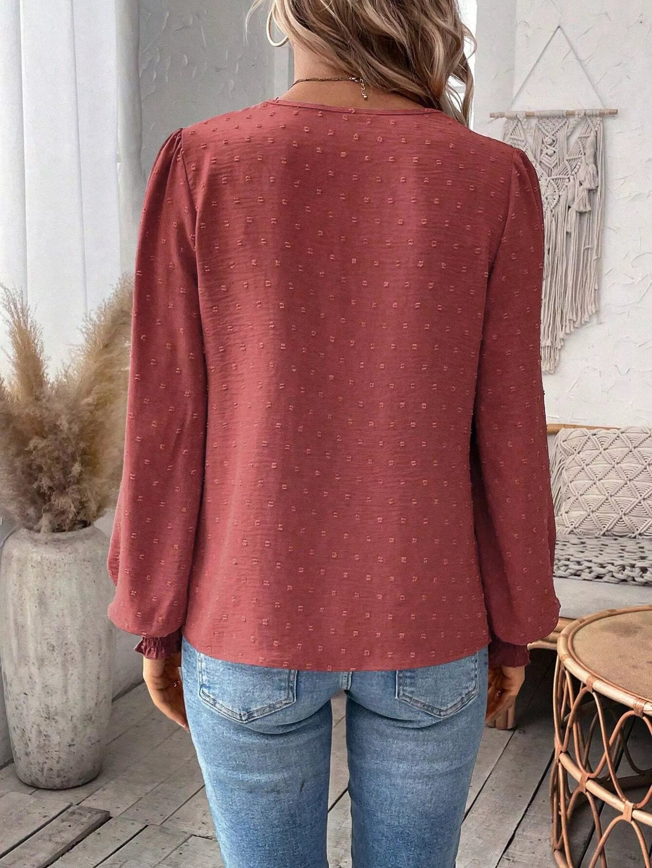 Women’s Swiss Dot Lace Detail Long Sleeve Blouse in rust with V-neck lace detailing and long sleeves, available in sizes S–2XL.
