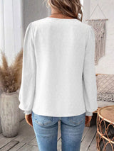Women’s Swiss Dot Lace Detail Long Sleeve Blouse in white with V-neck lace detailing and long sleeves, available in sizes S–2XL.