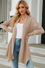 Women's Open Front Long Sleeve Cardigan in tan layered over a white tank and blue jeans, lightweight long cardigan for fall outfits, available in nine colors at Chic Mystik Boutique.
