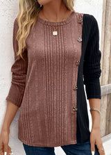 Women’s taupe and black color block ribbed knit long sleeve top with decorative side buttons and slit detail, available in sizes Small–2XL.
