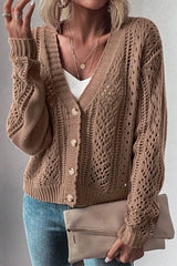 Women's taupe openwork knit cardigan featuring long sleeves, V-neckline, and button-front design.