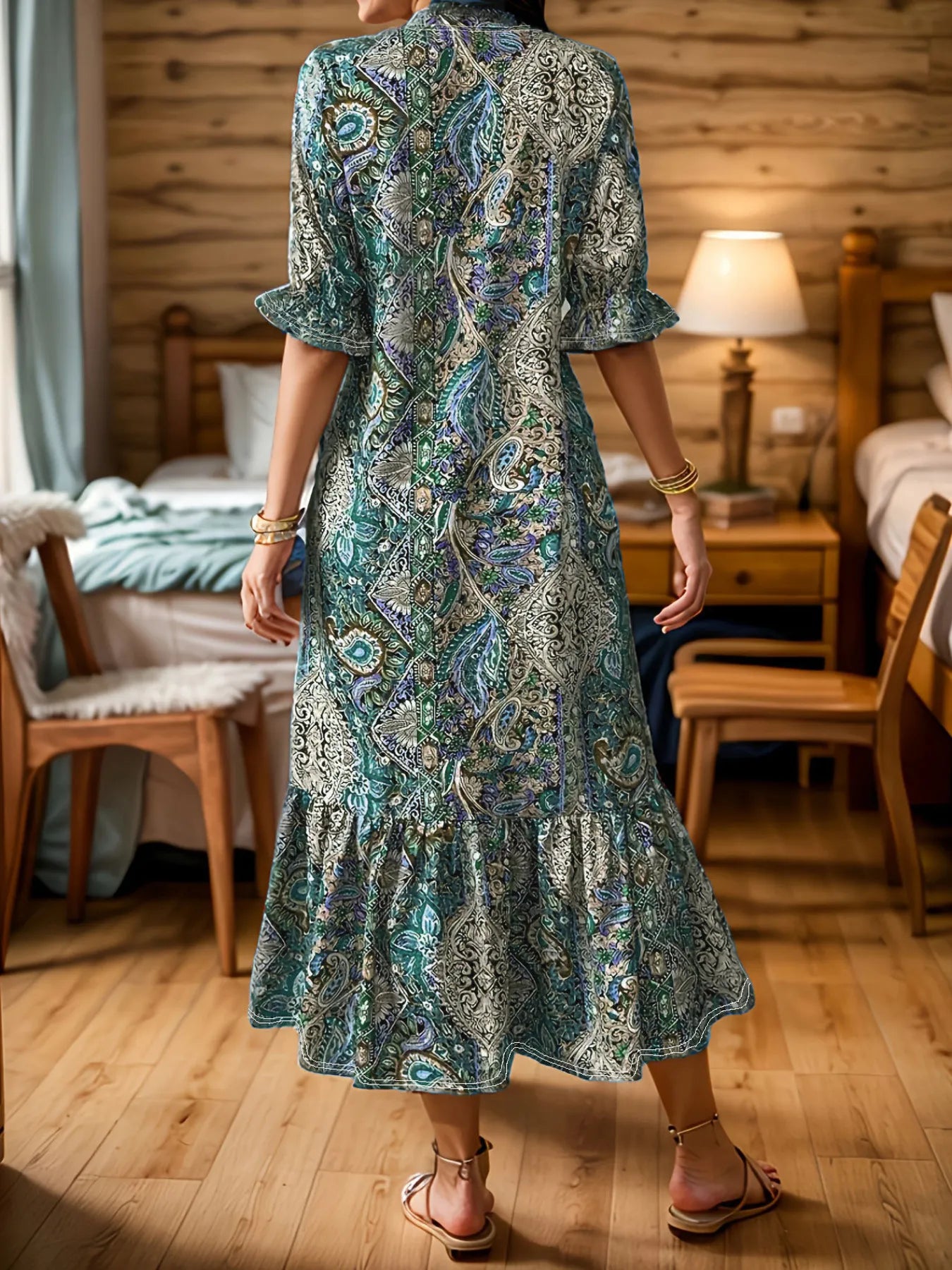 Woman wearing a teal bohemian paisley print midi dress with three-quarter sleeves and ruffled hem.