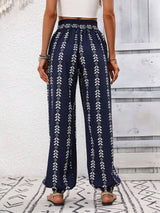 Effortless Style Starts Here - Tied Printed High Waist Pants – dark blue with geometric and floral print – back view