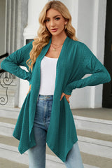 Women's Open Front Long Sleeve Cardigan in turquoise layered over a white tank and blue jeans, lightweight long cardigan for fall outfits, available in nine colors at Chic Mystik Boutique.