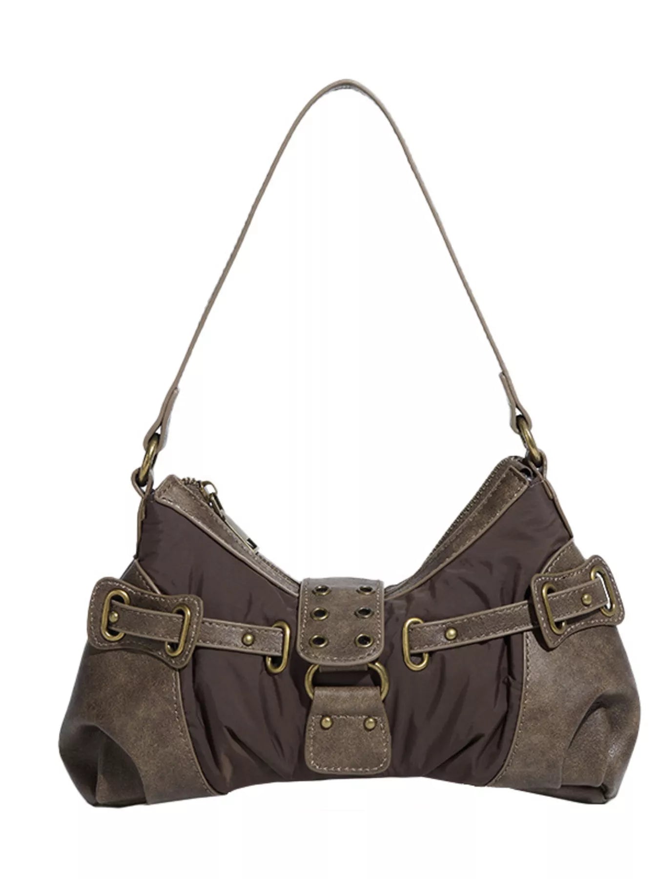 Brown leather handbag with gold buckles on a white background