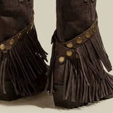 Coffee brown suede Western boots with pointed toes, layered fringe, studded straps and low heels.