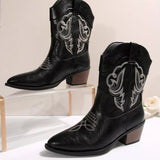 Women's black Western cowboy boots with classic embroidered detailing and comfortable mid heel.