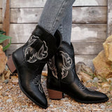 Women's black Western cowboy boots with classic embroidered detailing and comfortable mid heel.