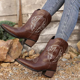 Women's brown Western cowboy boots with classic embroidered detailing and comfortable mid heel.