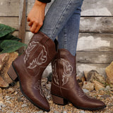 Women's brown Western cowboy boots with classic embroidered detailing and comfortable mid heel.