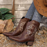 Women's brown Western cowboy boots with classic embroidered detailing and comfortable mid heel.