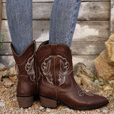 Women's brown Western cowboy boots with classic embroidered detailing and comfortable mid heel.