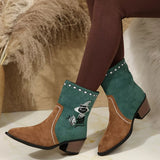 Women's green Western cowboy boots with classic embroidered detailing and comfortable mid heel.