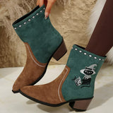Women's green Western cowboy boots with classic embroidered detailing and comfortable mid heel.