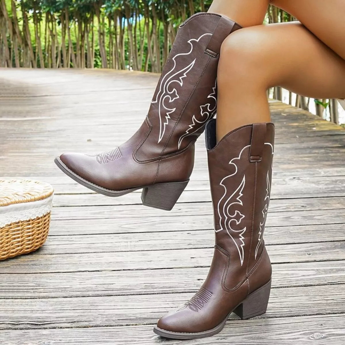 Women's Western Embroidered Mid-Calf Boots available in classic brown and leopard print with stacked heel, perfect for fall dresses, jeans, country concerts, and western-inspired outfits.