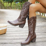 Women's Western Embroidered Mid-Calf Boots available in classic brown and leopard print with stacked heel, perfect for fall dresses, jeans, country concerts, and western-inspired outfits.