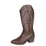 Women's Western Embroidered Mid-Calf Boots available in classic brown and leopard print with stacked heel, perfect for fall dresses, jeans, country concerts, and western-inspired outfits.