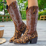 Women's Western Embroidered Mid-Calf Boots available in classic brown and leopard print with stacked heel, perfect for fall dresses, jeans, country concerts, and western-inspired outfits.