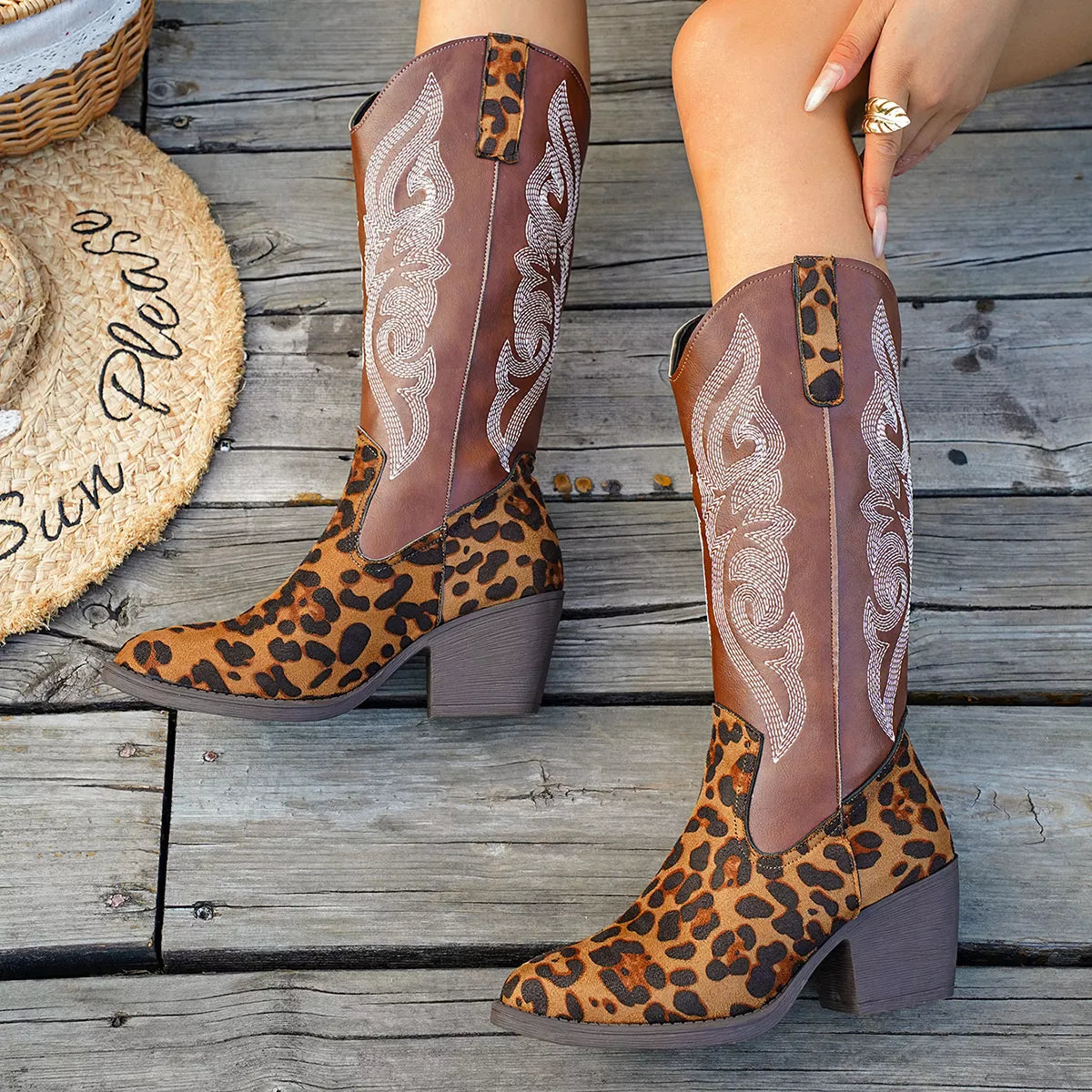 Women's Western Embroidered Mid-Calf Boots available in classic brown and leopard print with stacked heel, perfect for fall dresses, jeans, country concerts, and western-inspired outfits.
