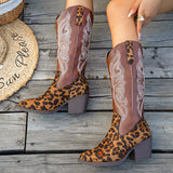 Women's Western Embroidered Mid-Calf Boots available in classic brown and leopard print with stacked heel, perfect for fall dresses, jeans, country concerts, and western-inspired outfits.