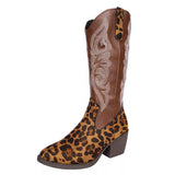 Women's Western Embroidered Mid-Calf Boots available in classic brown and leopard print with stacked heel, perfect for fall dresses, jeans, country concerts, and western-inspired outfits.