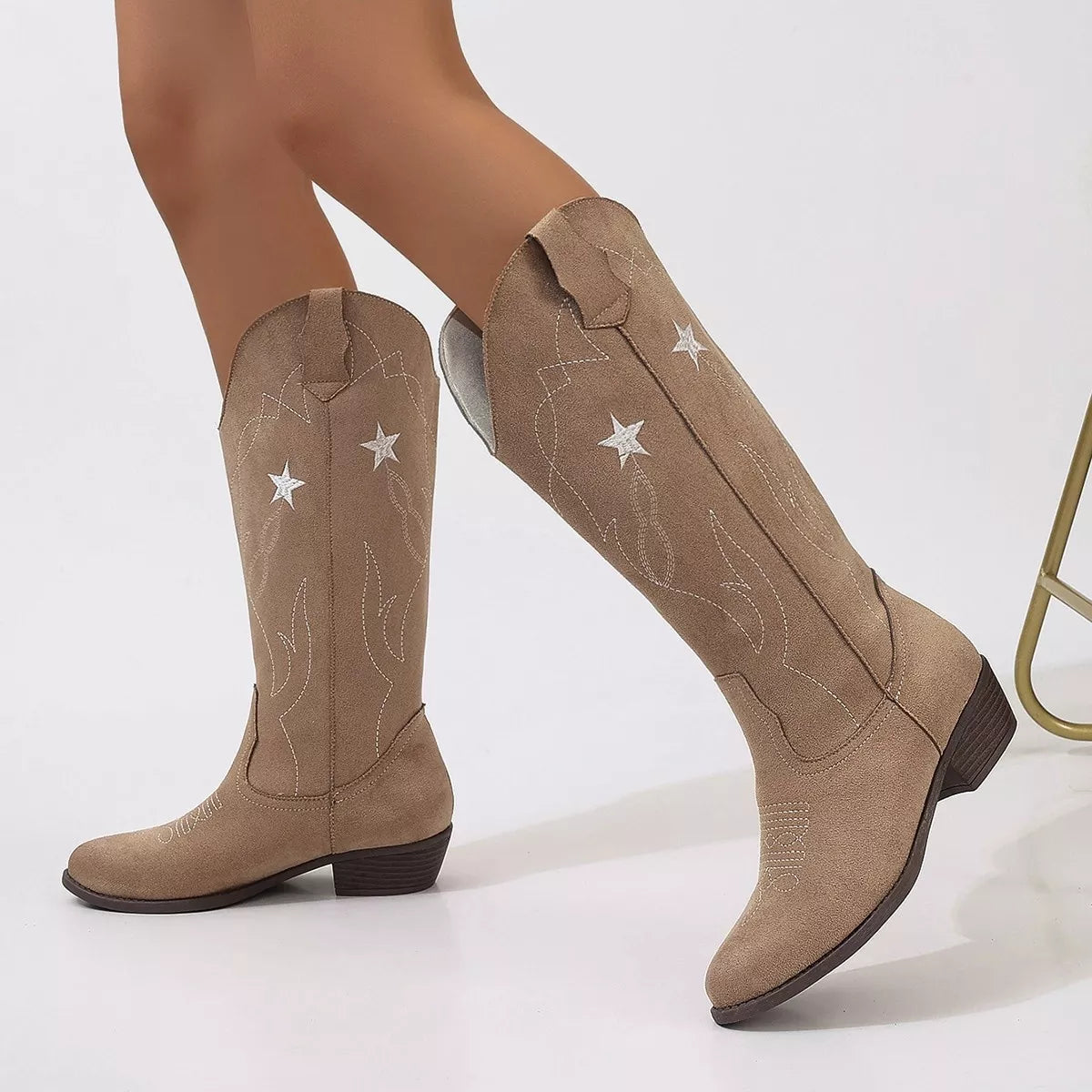 Women's Western Star Embroidered Cowboy Boots with low heel and embroidered star detailing, available in multiple colors for fall outfits, country concerts, dresses, and denim.