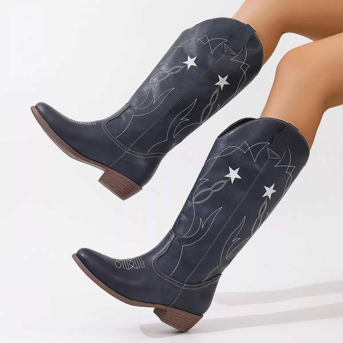 Women's Western Star Embroidered Cowboy Boots with low heel and embroidered star detailing, available in multiple colors for fall outfits, country concerts, dresses, and denim.