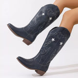Women's Western Star Embroidered Cowboy Boots with low heel and embroidered star detailing, available in multiple colors for fall outfits, country concerts, dresses, and denim.