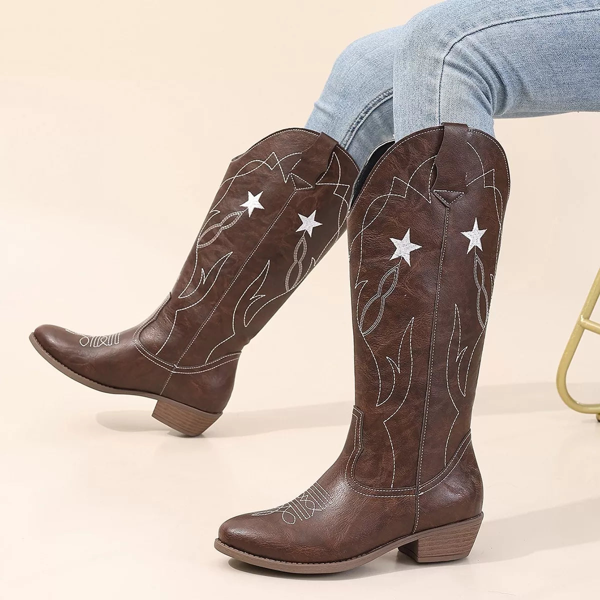 Women's Western Star Embroidered Cowboy Boots with low heel and embroidered star detailing, available in multiple colors for fall outfits, country concerts, dresses, and denim.