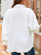 Layer your favorite fall looks with our Cable Texture Puff Sleeve Shacket. Available in Gray, White, and Pink, this cozy button-up shacket combines timeless texture with everyday comfort for effortless seasonal style.
