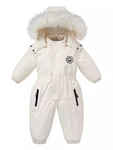Children's white one-piece winter snowsuit featuring a fluffy white faux fur-trimmed hood, rust-colored accents, elasticized waist, and front pockets.