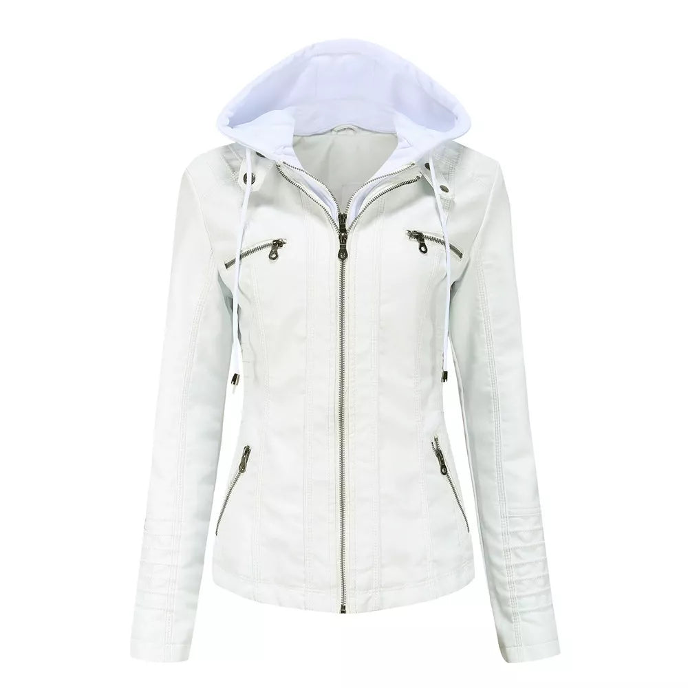 A white faux leather moto jacket with detachable drawstring hood, front zipper, seam detailing and zippered pockets.