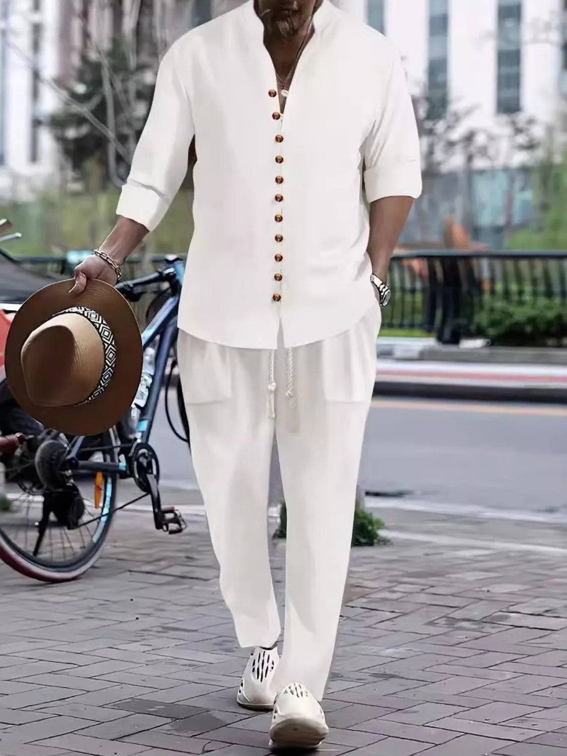 Men’s white button front long sleeve shirt and coordinating pants two-piece set