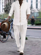 Men’s white button front long sleeve shirt and coordinating pants two-piece set