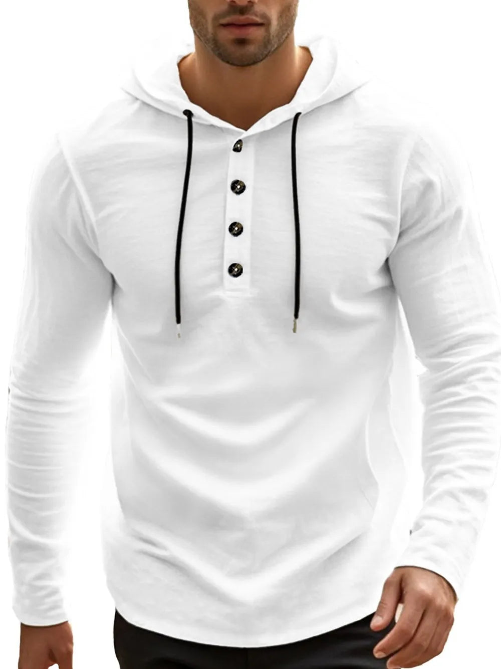 Men’s white full-size linen-blend long sleeve hoodie with black drawstring and button-detail neckline