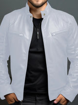 Men’s white PU leather motorcycle jacket with zipper front, stand collar and zippered chest pockets, available in sizes Small–5XL.