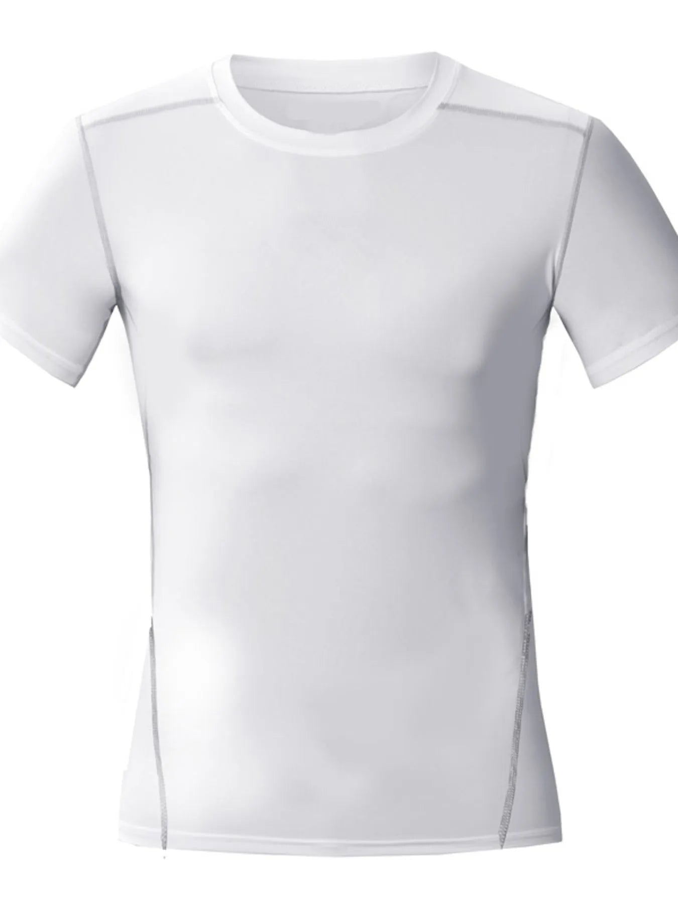 Men’s white performance moisture-wicking short sleeve athletic T-shirt with lightweight breathable stretch fabric.