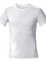 Men’s white performance moisture-wicking short sleeve athletic T-shirt with lightweight breathable stretch fabric.