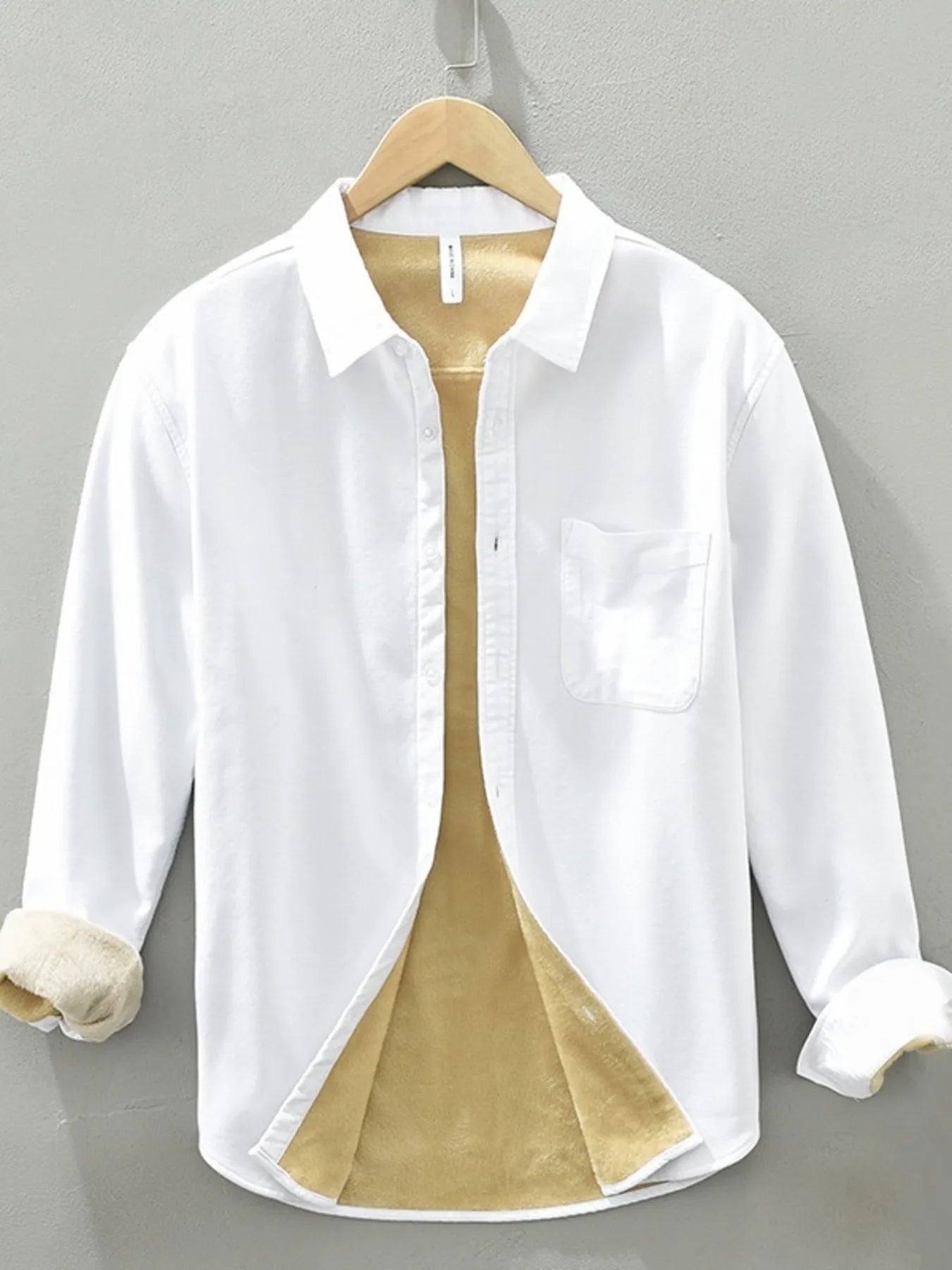 Men’s white plus size button-up long sleeve cotton shirt with chest pocket and contrasting light interior, available in sizes Medium through 3XL.